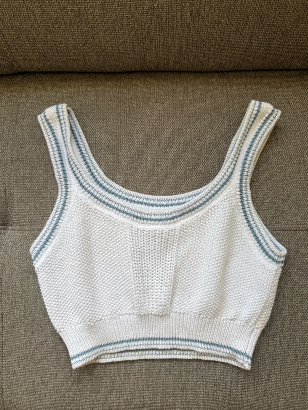 White Knit Cropped Tank with Blue trim